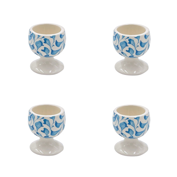 Set of 4 Ceramic Egg Cups in Light Blue Scroll Villa Bologna Pottery