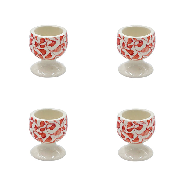 Set of 4 Ceramic Egg Cups in Red Scroll Villa Bologna Pottery