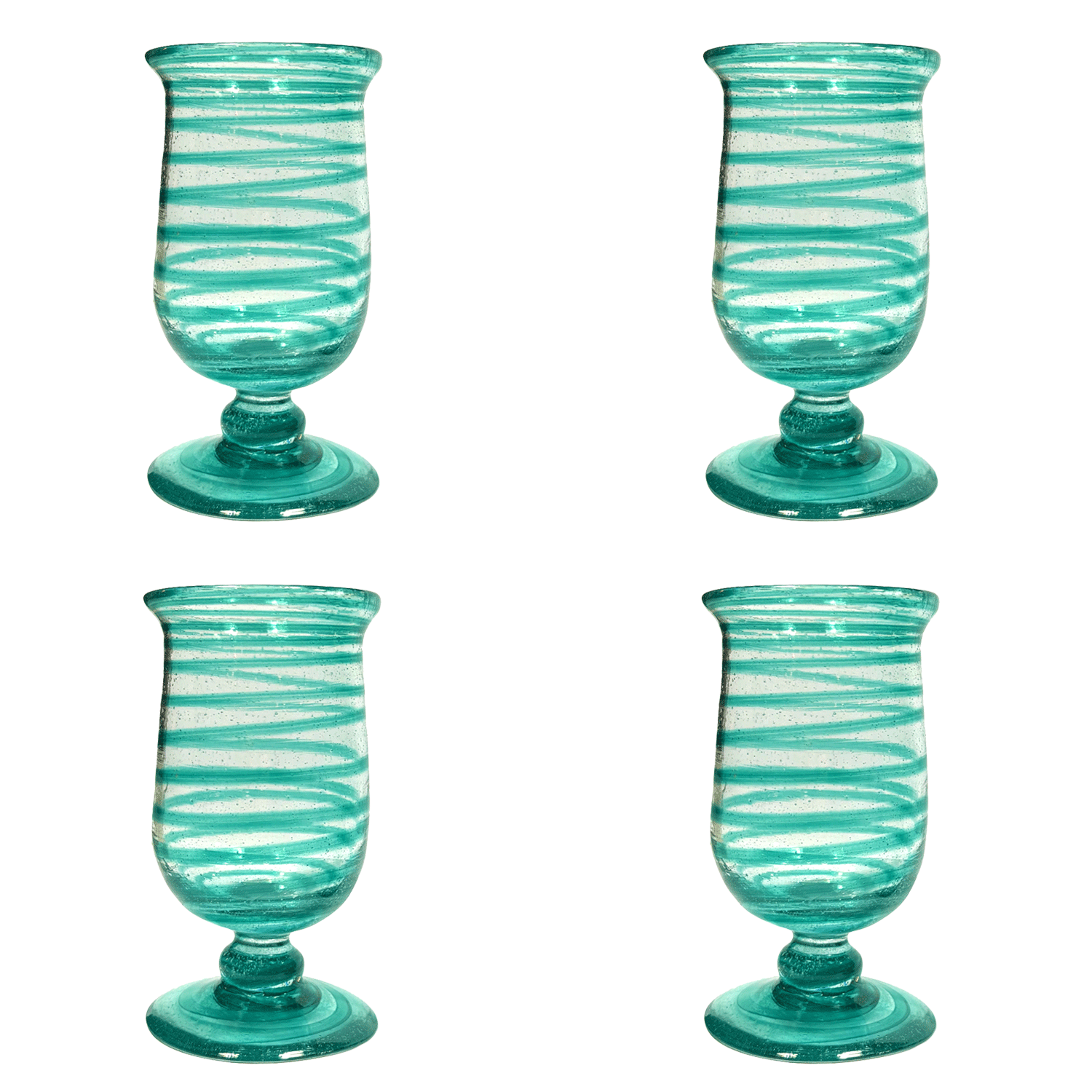Handblown Cyan Spiral Water Glasses (Set of 4)