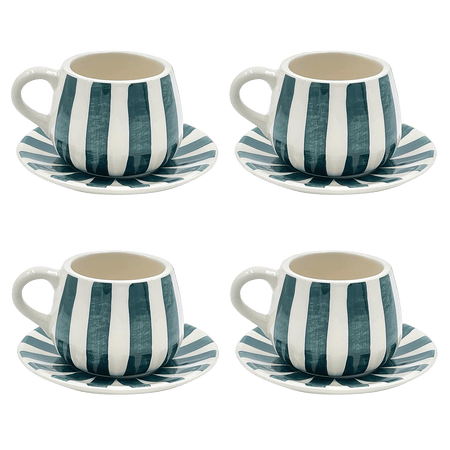 Green Stripes Coffee Cup & Saucers (Set of 4)