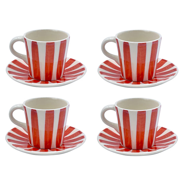 Espresso Cup & Saucer in Red, Stripes, Set of Four