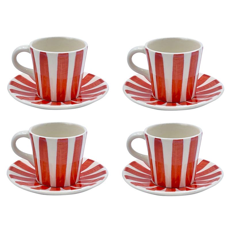 Espresso Cup & Saucer in Red, Stripes, Set of Four