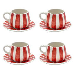 Coffee Cup & Saucer in Red, Stripes, Set of Four