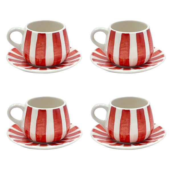 Coffee Cup & Saucer in Red, Stripes, Set of Four