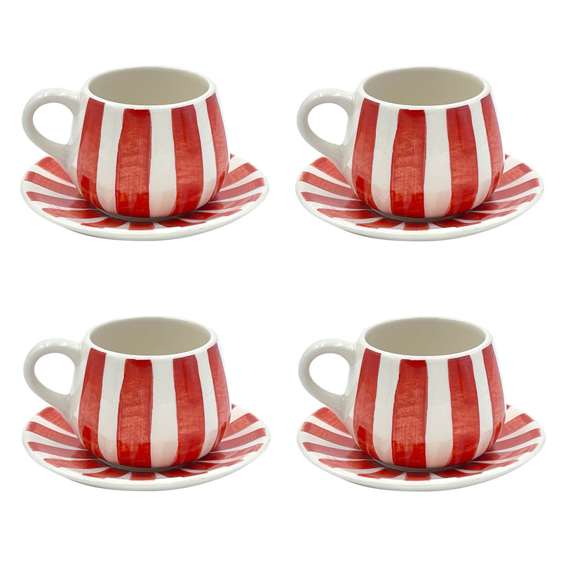 Coffee Cup & Saucer in Red, Stripes, Set of Four