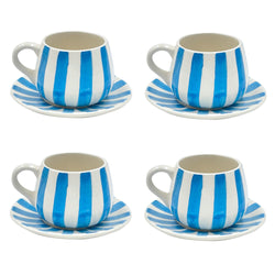 Coffee Cup & Saucer in Light Blue Set, Stripes, Set of Four