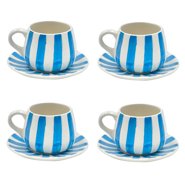 Coffee Cup & Saucer in Light Blue Set, Stripes, Set of Four