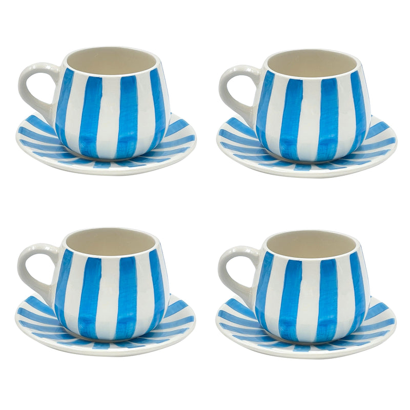 Coffee Cup & Saucer in Light Blue Set, Stripes, Set of Four