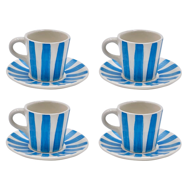Espresso Cup & Saucer in Light Blue, Stripes, Set of Four