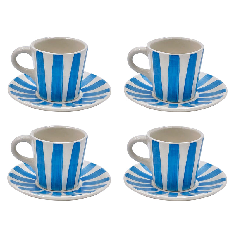 Espresso Cup & Saucer in Light Blue, Stripes, Set of Four