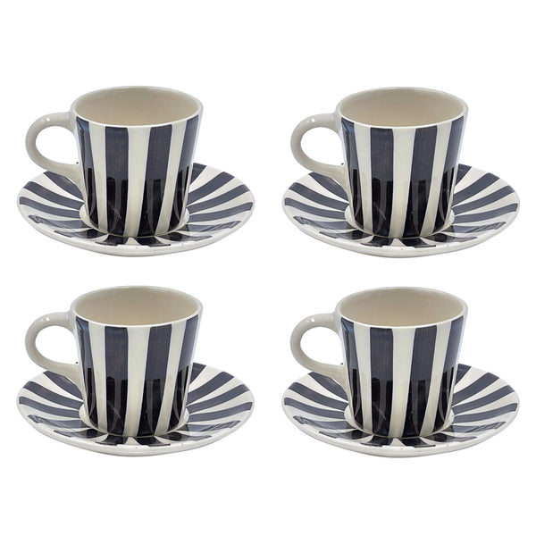 Espresso Cup & Saucer in Black, Stripes, Set of Four