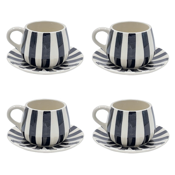Coffee Cup & Saucer in Black, Stripes, Set of Four