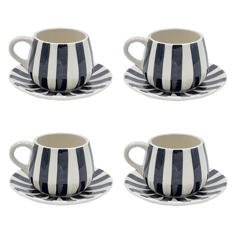 Coffee Cup & Saucer in Black, Stripes, Set of Four