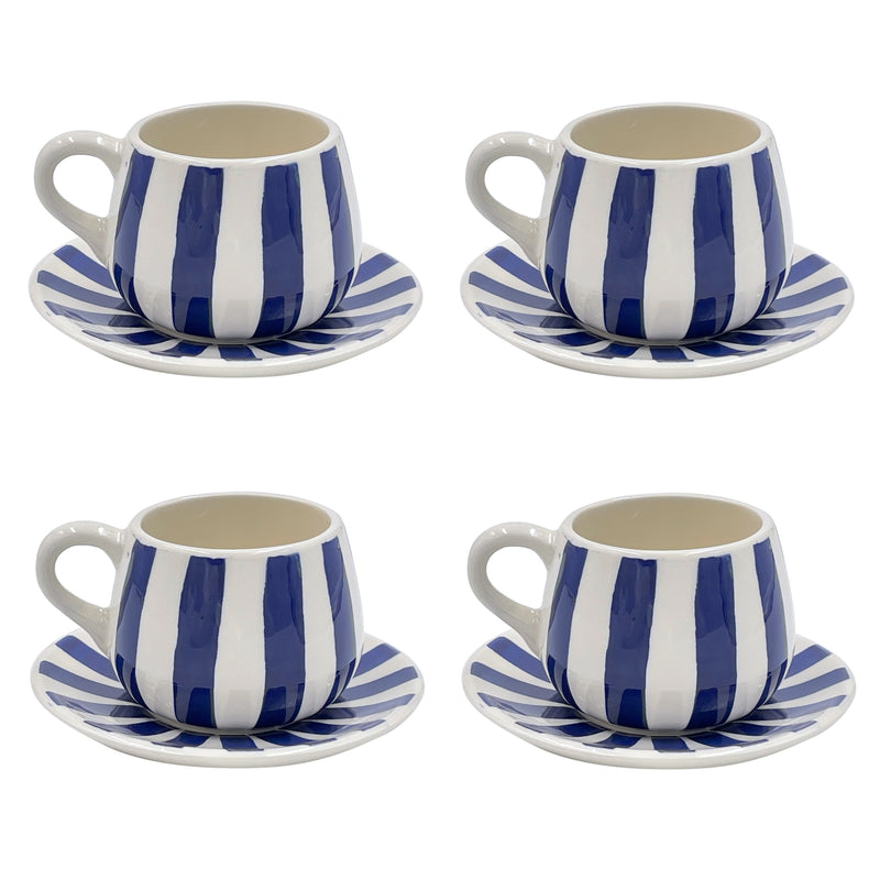 Coffee Cup & Saucer in Navy Blue, Stripes, Set of Four