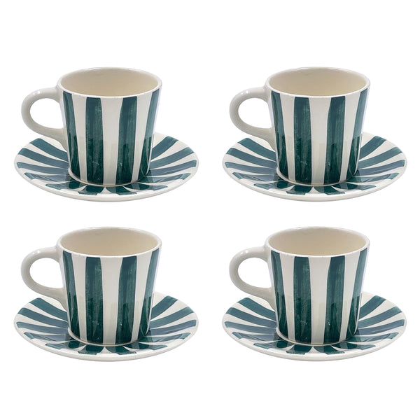 Espresso Cup & Saucer in Green, Stripes, Set of Four