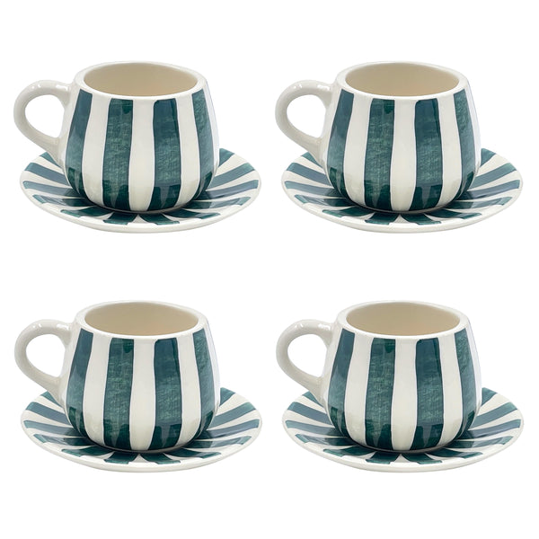 Coffee Cup & Saucer in Green, Stripes, Set of Four