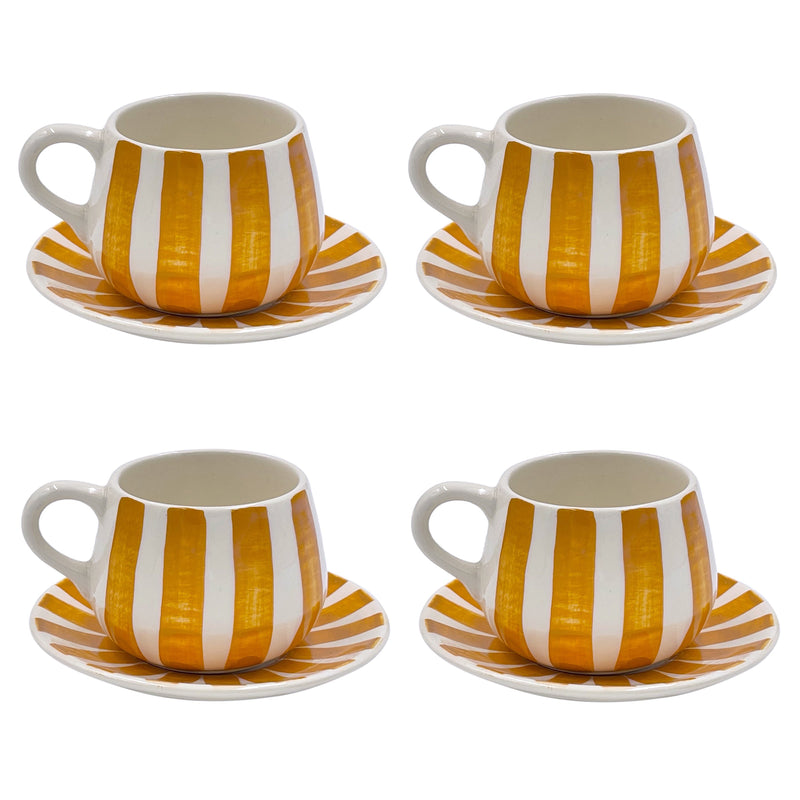 Coffee Cup & Saucer in Yellow, Stripes, Set of Four