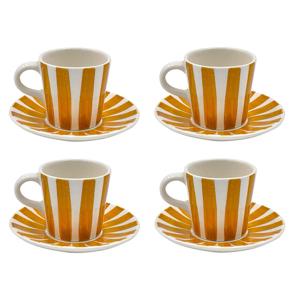 Espresso Cup & Saucer in Yellow, Stripes, Set of Four