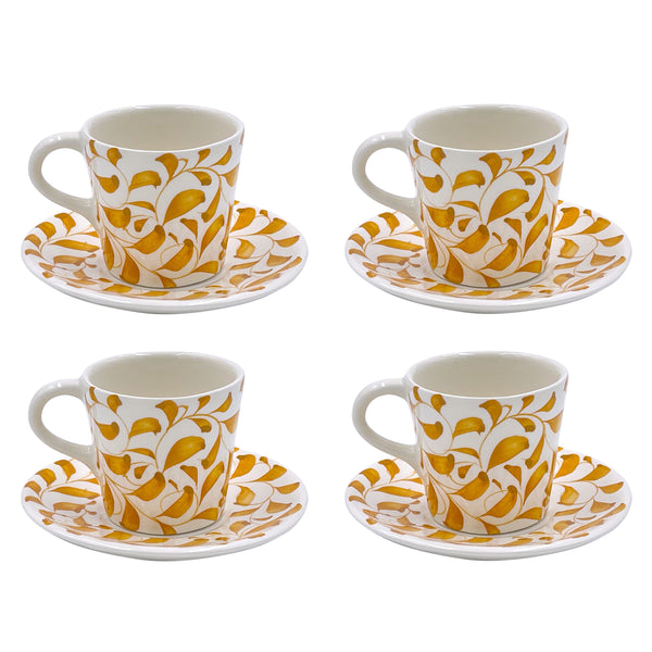 Espresso Cup & Saucer in Yellow, Scroll, Set of Four