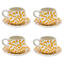 Coffee Cup & Saucer in Yellow, Scroll, Set of Four