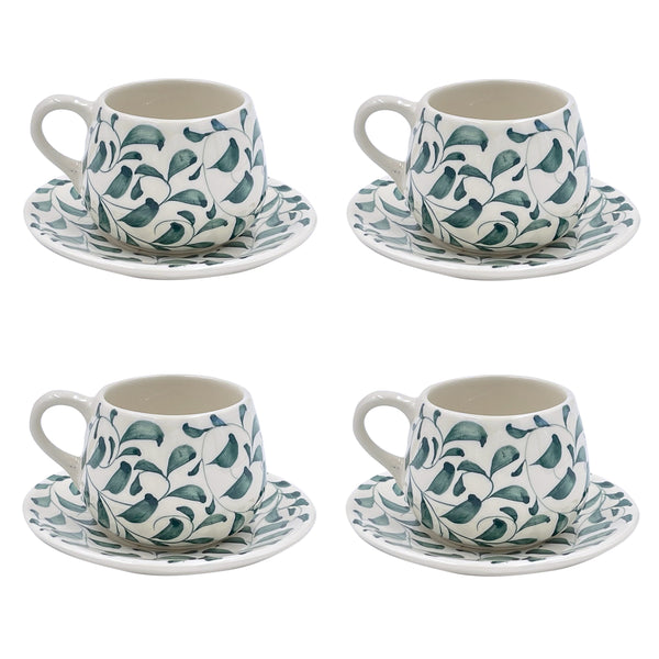 Coffee Cup & Saucer in Green, Scroll, Set of Four