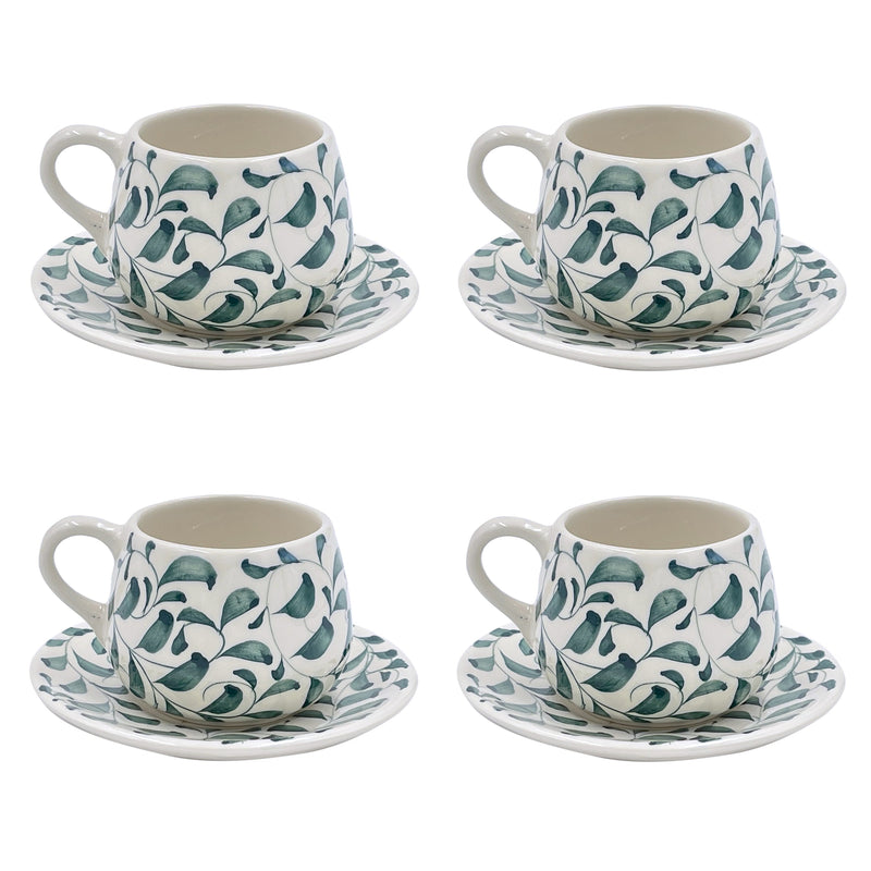 Coffee Cup & Saucer in Green, Scroll, Set of Four