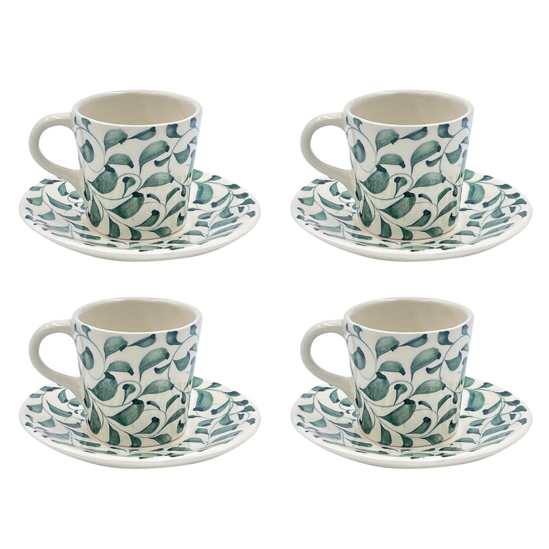 Espresso Cup & Saucer in Green, Scroll, Set of Four