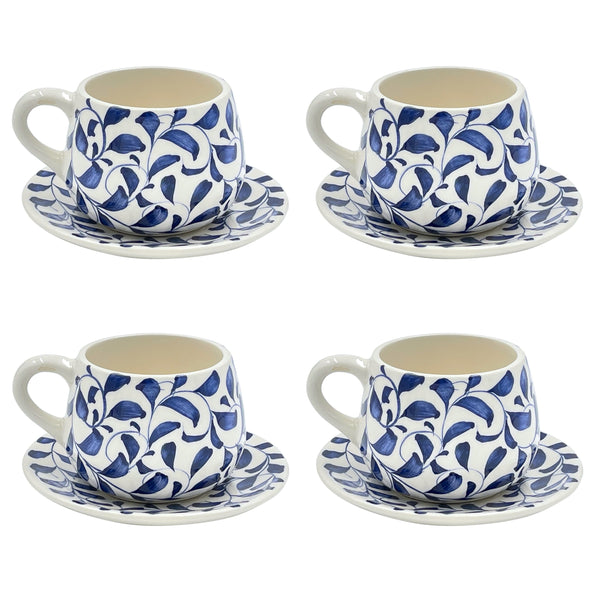 Coffee Cup & Saucer Scroll in Navy Blue, Set of Four