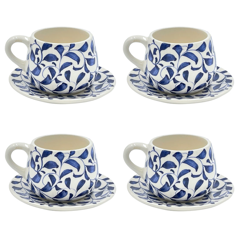 Coffee Cup & Saucer Scroll in Navy Blue, Set of Four