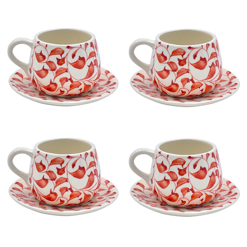 Coffee Cup & Saucer in Red, Scroll, Set of Four