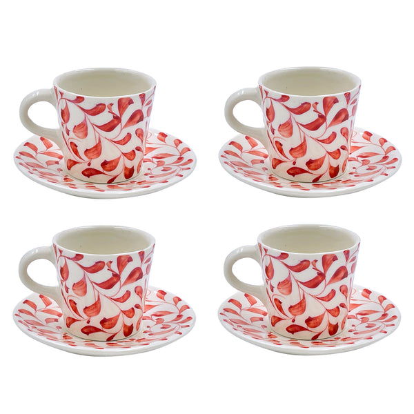 Espresso Cup & Saucer in Red, Scroll, Set of Four