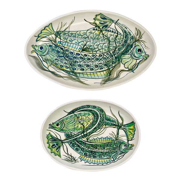 Set of Two Serving Platters, Green Aldo Fish