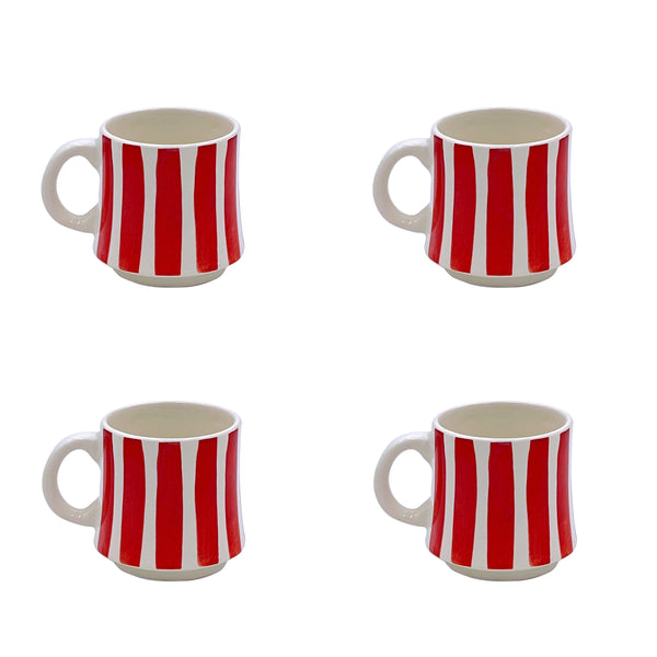 Small Mug in Red, Stripes, Set of Four
