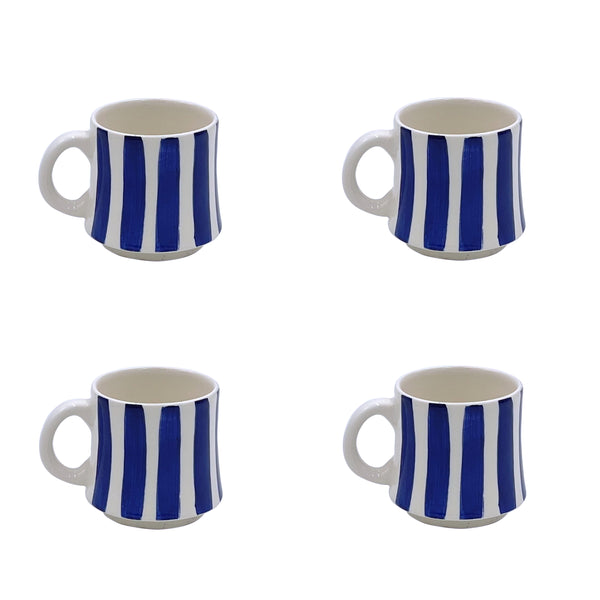 Small Mug in Navy Blue, Stripes, Set of Four