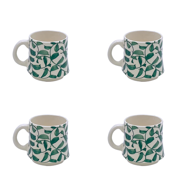 Small Mug in Green, Scroll, Set of Four