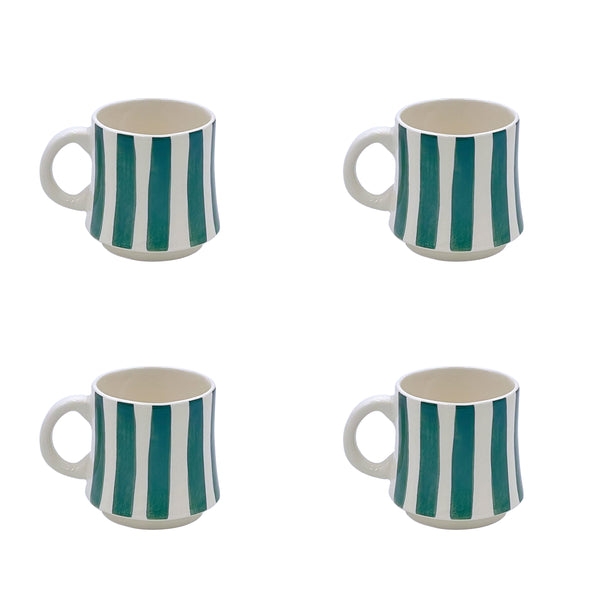 Small Mug in Green, Stripes, Set of Four