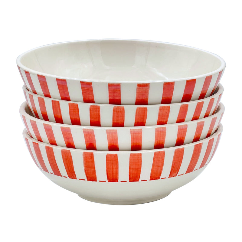 Large Bowl in Red, Stripes, Set of Four