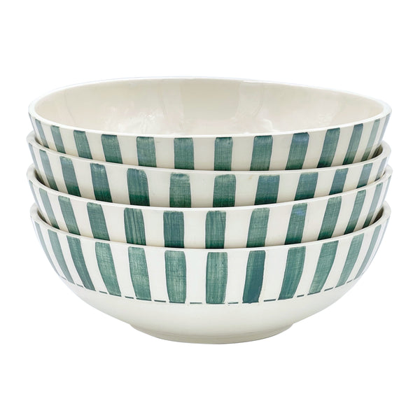 Large Bowl in Green, Stripes, Set of Four