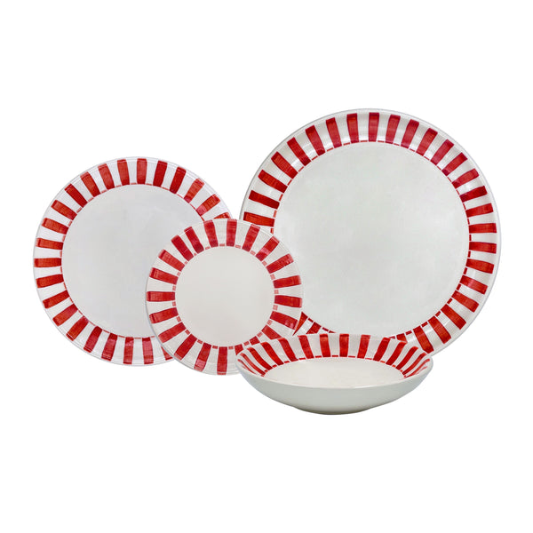 Dinner Set in Red, Stripes, 16 Piece