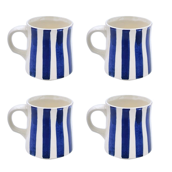 Mug in Navy Blue, Stripes, Set of Four
