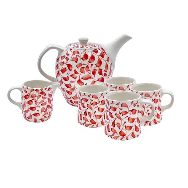 Tea Set in Red, Scroll, 6 Piece